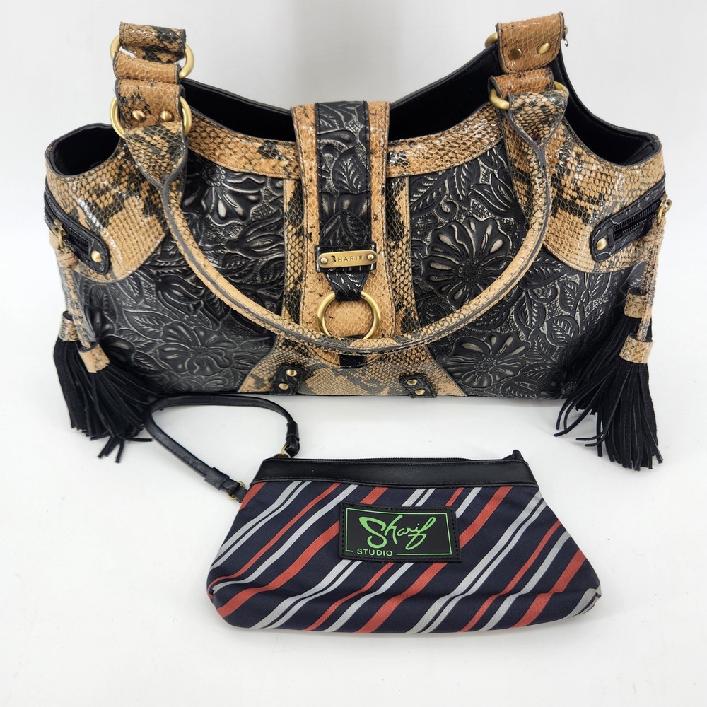 Sharif Studio Black and Tan Embossed Leather Shoulder Bag with Tassels And Pouch